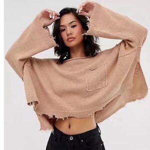 Free People Prism Distressed Deconstructed Boxy Linen Oversized Tan Sweater